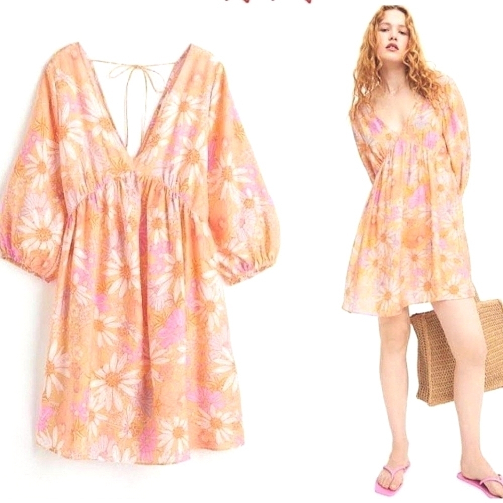 H&M Floral Vneck ALine Fress Pink Yellow Small